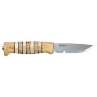 Helle Arv - 87mm Triple Laminated Stainless Steel Knife (Curly Birch, Staghorn and Leather Handle with Leather Sheath)
