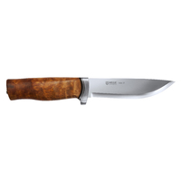 Helle GT - 123mm H3LS Triple Laminated Stainless Steel Knife (Curly Birch, Leather & Aluminium Guard with Dark Brown Leather Sheath)