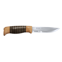 Helle Sigmund -107mm Triple Laminated Stainless Steel Knife (Birch, Leather & Darkened Oak Handle with Embossed Leather Sheath)